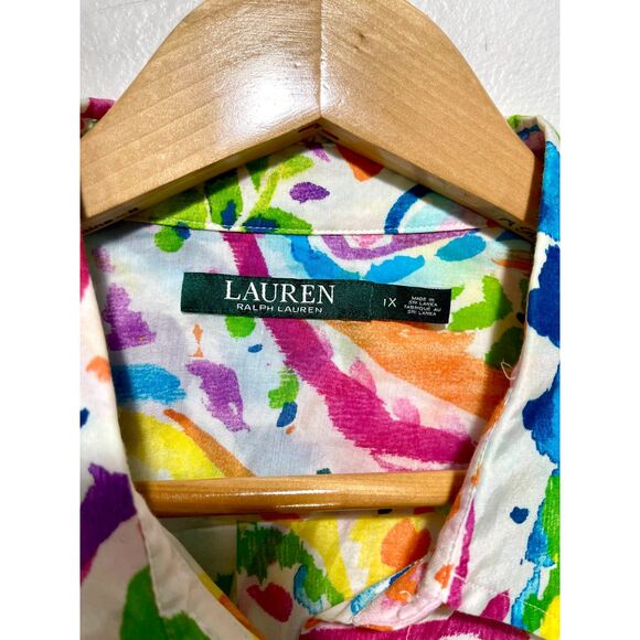 Lauren ralph Lauren cotton silk button up shirt colorful art to wear women 1X - Picture 4 of 6